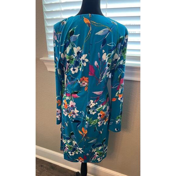 NWT Chaps cerulean blue multi color floral wrap midi dress. Poly, spandex. Sz 12 - Picture 3 of 11